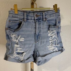 American Eagle Outfitters Ripped curvy mom Blue Jean Shorts with embroidery- 2